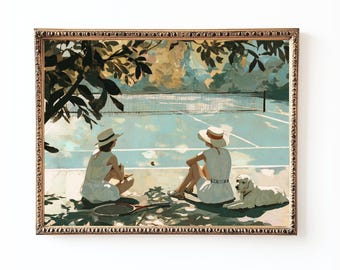 Vintage Tennis Court Print: Elegant Women, Dog, Summer Sports (Digital Download)