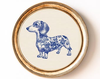 Arte de pared de perro salchicha chinoiserie, regalo para amantes de los perros (descarga digital)