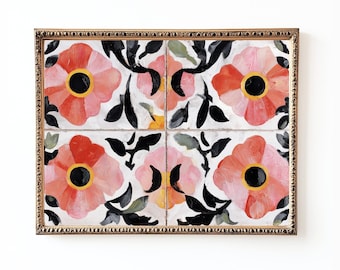 Spanische Talavera Kachel Poster: Rosa Florales mediterranes Wandbild (Digitaler Download)