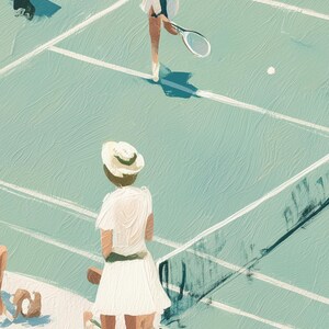 May include: An artistic illustration of a tennis match in progress. The scene features two players on a light blue court with white lines. One player is poised to hit the ball, while another stands near the net. Both are wearing white outfits and hats.