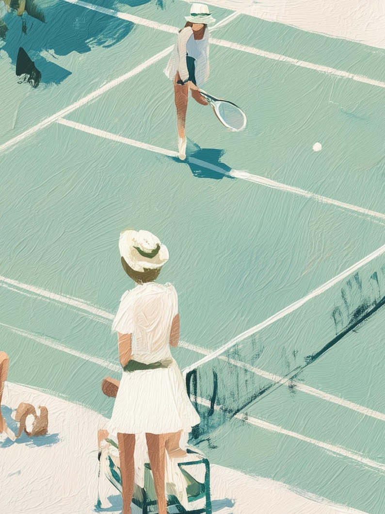May include: An artistic illustration of a tennis match in progress. The scene features two players on a light blue court with white lines. One player is poised to hit the ball, while another stands near the net. Both are wearing white outfits and hats.