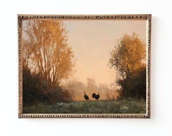 Pode incluir: Uma pintura de paisagem emoldurada antiga com dois perus em um campo. A obra de arte apresenta uma paleta de cores quentes com tons de ouro, marrom e verde. A moldura dourada ornamentada adiciona um toque vintage.