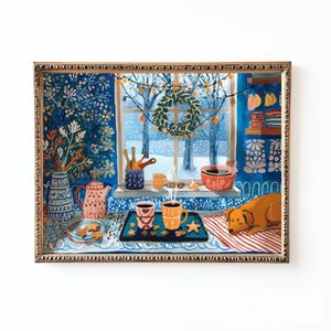 May include: A framed illustration depicts a cozy winter scene. A window overlooks a snowy landscape, adorned with a wreath and string lights. A tray with mugs and cookies sits near a sleeping dog. A teapot and vase are on the left.