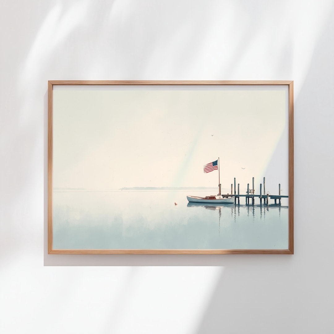 Patriotic Boat Dock Wall Art – American Flag Coastal Print (digital ...