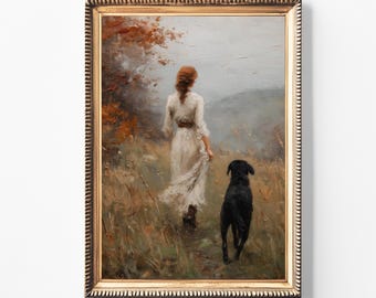 Impression d'art promenade d'automne femme et chien | Décoration murale romantique champêtre | Téléchargement numérique