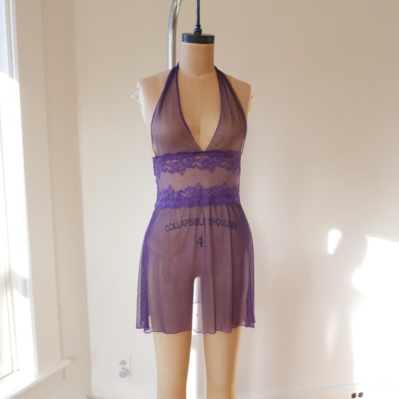 Sheer purple lingerie mesh & lace slip dress halt… - image 2