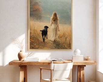 少女と犬の田舎散歩アートプリント｜ロマンティックな風景油絵｜ソフト