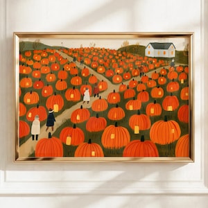 May include: A framed landscape illustration of a pumpkin patch featuring numerous orange pumpkins with glowing yellow interiors. Small figures in coats walk along winding paths between the pumpkins, and a white house sits in the background.