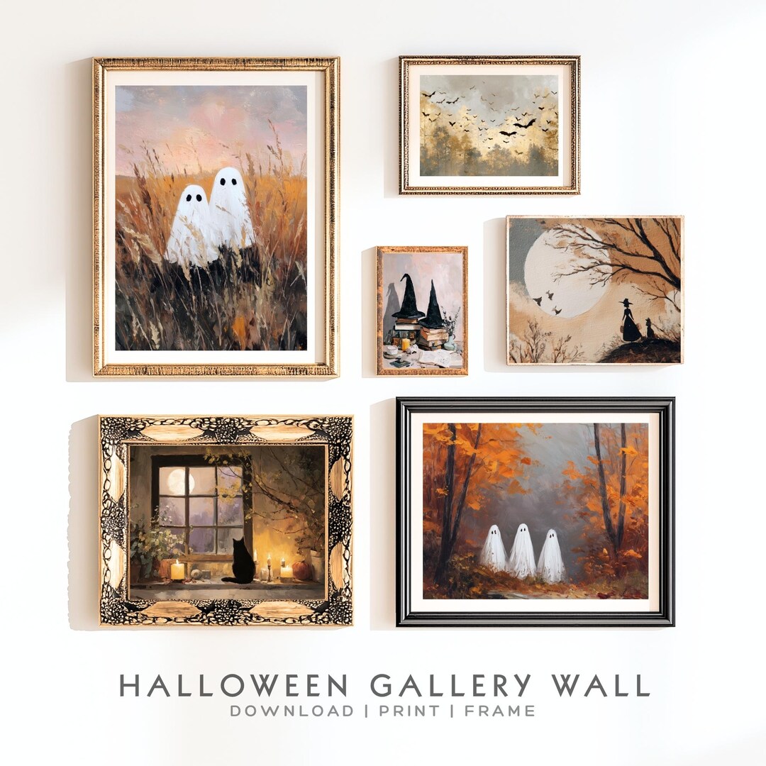 Vintage Halloween Gallery Wall Art Bundle: Ghosts, Cats, Pumpkins ...