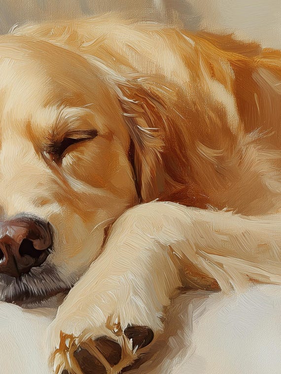 ゴールデンレトリバーの絵画：眠っている犬の肖像画、農家風（デジタル