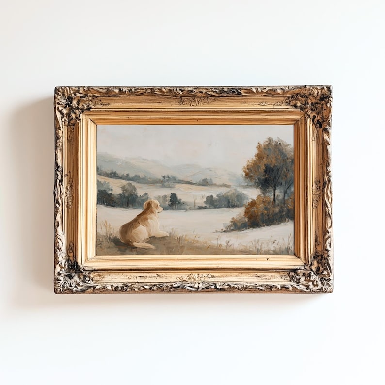 May include: An antique framed landscape painting featuring a dog resting in a field. The artwork has a gold ornate frame. The painting depicts a serene outdoor scene with rolling hills, trees, and a dog in the foreground. The color palette includes muted tones of beige, brown, and blue.