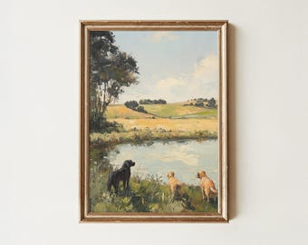 Vintage Labrador Retriever Print: Rustic Dog and Pond Art (Digital Download)