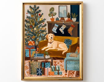 May include: A framed painting depicts a festive Christmas scene. A golden retriever rests on a mustard-colored sofa, with a decorated Christmas tree and wrapped gifts. A fireplace with stockings and a blue armchair complete the cozy interior.