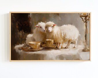 Arte mural de la fiesta del té con cordero: Impresión vintage de Pascua en estilo cottagecore (descarga digital)