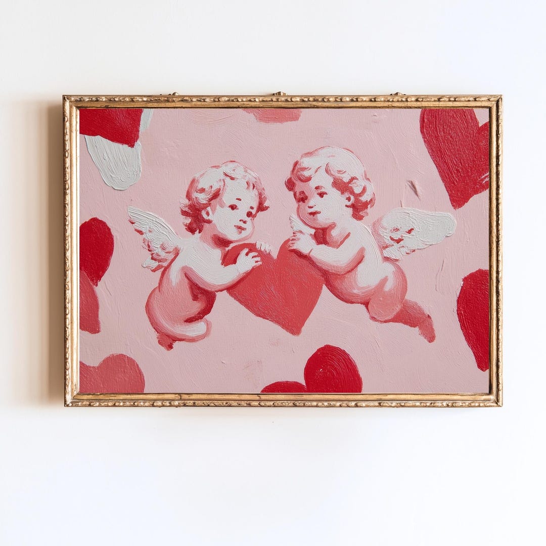 Valentines Day Cupid Cherubs Holding Heart Wall Art Pink Romantic