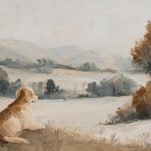 May include: An oil painting depicts a golden retriever dog resting in a field, gazing at a serene landscape. The scene features rolling hills, trees, and a muted color palette of beige, brown, and gray, creating a peaceful ambiance.