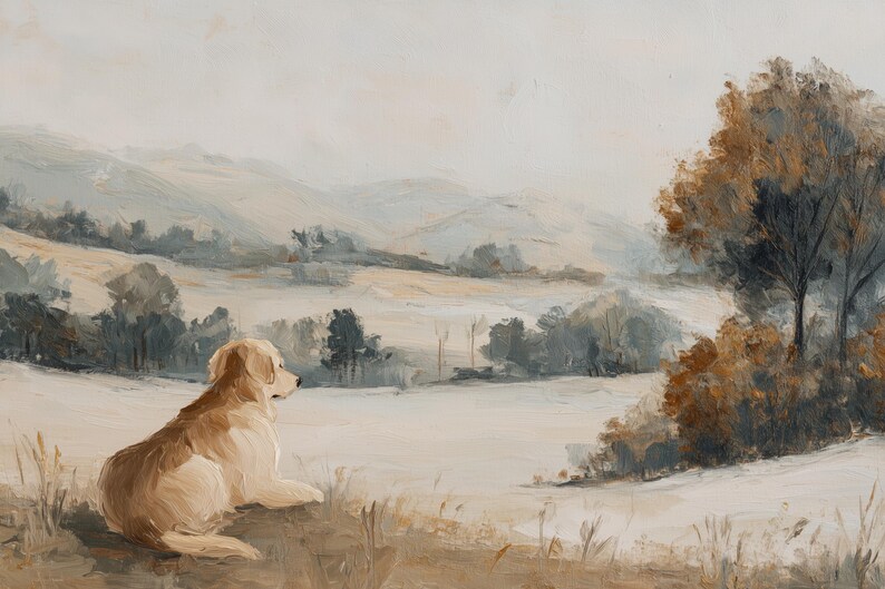May include: An oil painting depicts a golden retriever dog resting in a field, gazing at a serene landscape. The scene features rolling hills, trees, and a muted color palette of beige, brown, and gray, creating a peaceful ambiance.