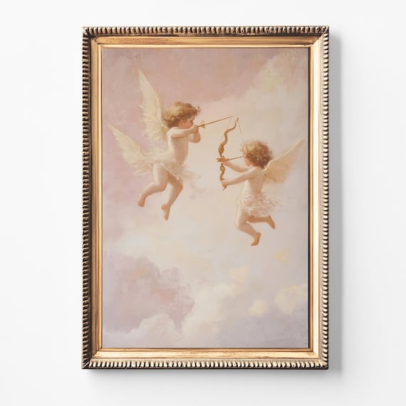 天使のキューピッドのプリント：キューピッドのロココ調絵画、ピンクの
