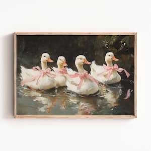 French Country Wall Art | Girly Wall Art | Coquette Vintage Painting Ducks with Pink Ribbons | Farmouse Print | Digital Download