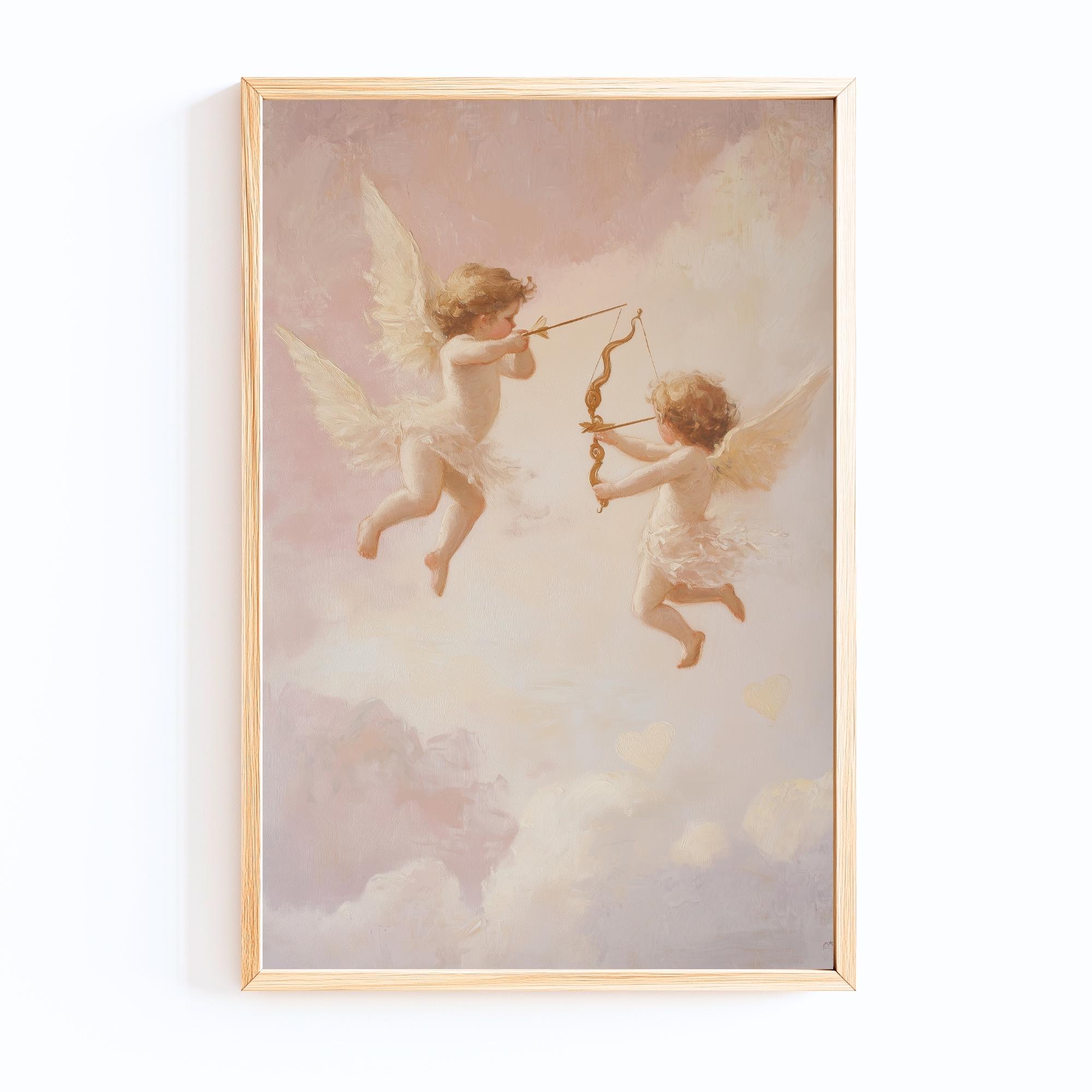 天使のキューピッドのプリント：キューピッドのロココ調絵画、ピンクの