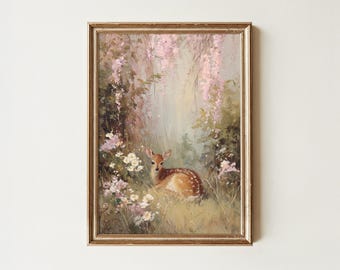 Woodland Fawn Floral Art Print | Cottagecore Deer Painting (Digital Download)
