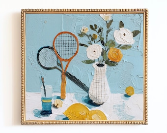 Tennis Still Life Print: Lemon Floral Rackets, Playful Kitchen Decor (Digital Download)
