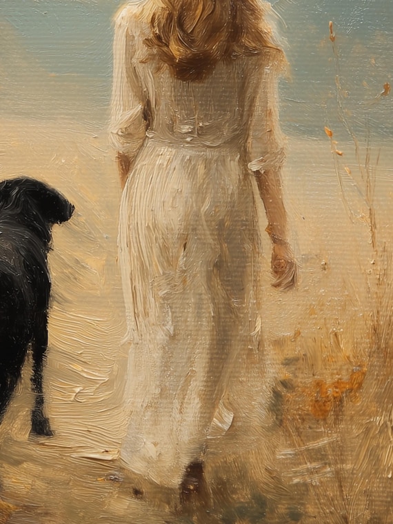 少女と犬の田舎散歩アートプリント｜ロマンティックな風景油絵｜ソフト