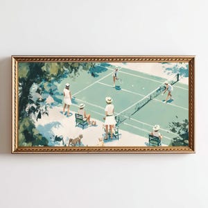 May include: A framed painting depicts a tennis match scene. The artwork features figures in white attire on a light green court, with a net and spectators. The frame is gold-colored, adding a classic touch to the artwork.