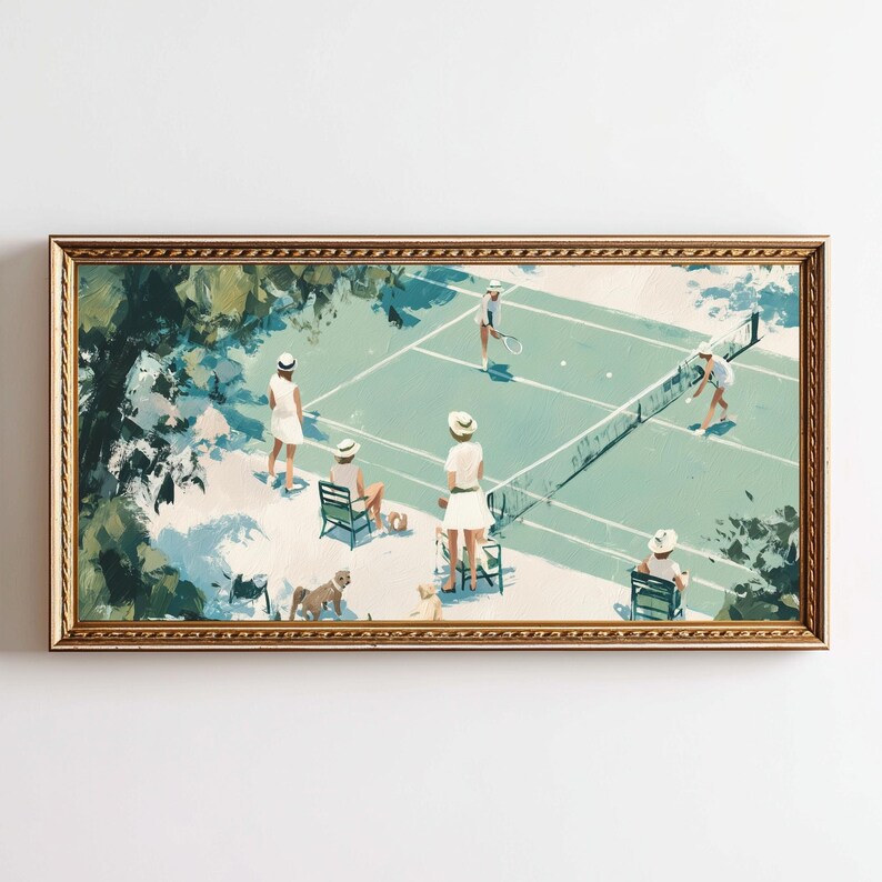 May include: A framed painting depicts a tennis match scene. The artwork features figures in white attire on a light green court, with a net and spectators. The frame is gold-colored, adding a classic touch to the artwork.