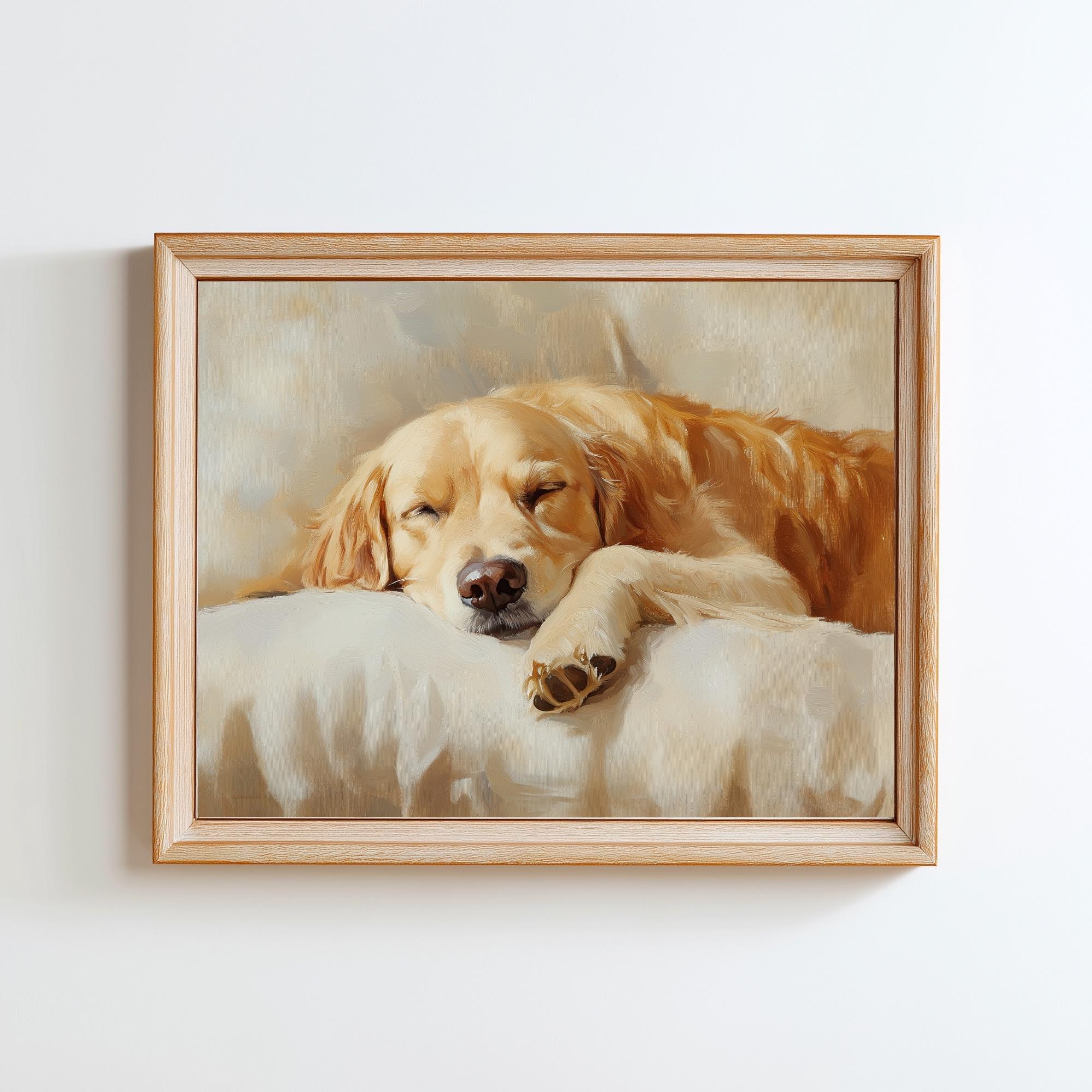 ゴールデンレトリバーの絵画：眠っている犬の肖像画、農家風（デジタル