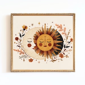 Celestial Sun and Moon Nursery Art Print: Boho Floral Illustration (Digital Download)