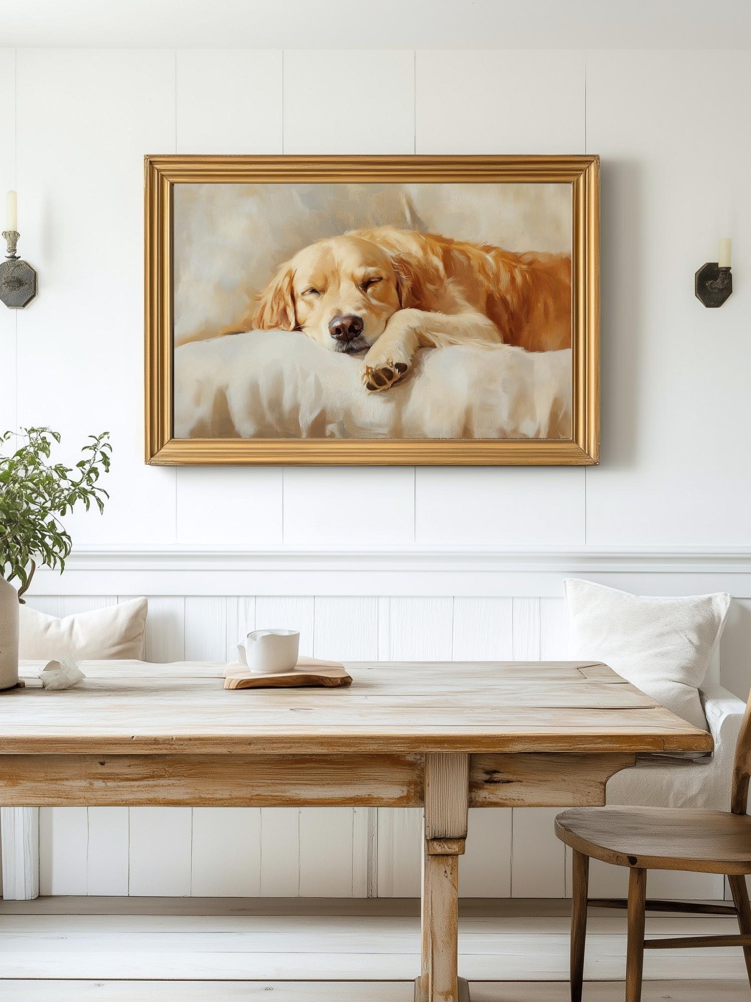 ゴールデンレトリバーの絵画：眠っている犬の肖像画、農家風（デジタル