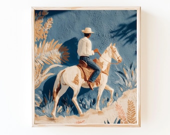 Lámina artística de vaquero vintage: Jinete del Oeste, decoración de rancho de terracota (descarga digital)