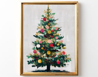 May include: A framed painting of a Christmas tree. The tree is decorated with red, pink, yellow, and gold ornaments. The tree is set against a light gray background and framed in gold.