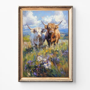 Highland Cow Painting: Wildflower Pasture, Rustic Farmhouse (Digital Download)