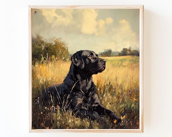 May include: A painting of a black Labrador Retriever lying in a field of tall grass. The dog is looking to the right, with its head tilted slightly. The background is a field with trees in the distance and a cloudy sky.