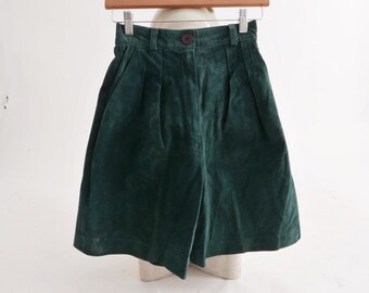 high waisted shorts | 90s vintage suede leather forest green pleat front by Kenar Leathers Deadstock xs
