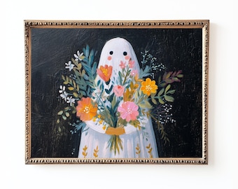 Floral Ghost Halloween Print: Vintage Folk Art Fall Decor (Digital Download