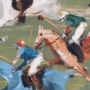 Puede incluir: Una pintura al &oacute;leo representa un partido de polo. La obra presenta jugadores con uniformes coloridos a caballo, balanceando mazos. Los caballos est&aacute;n en movimiento y el fondo es un campo verde con un cielo azul.