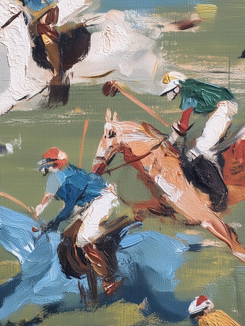 Puede incluir: Una pintura al &oacute;leo representa un partido de polo. La obra presenta jugadores con uniformes coloridos a caballo, balanceando mazos. Los caballos est&aacute;n en movimiento y el fondo es un campo verde con un cielo azul.