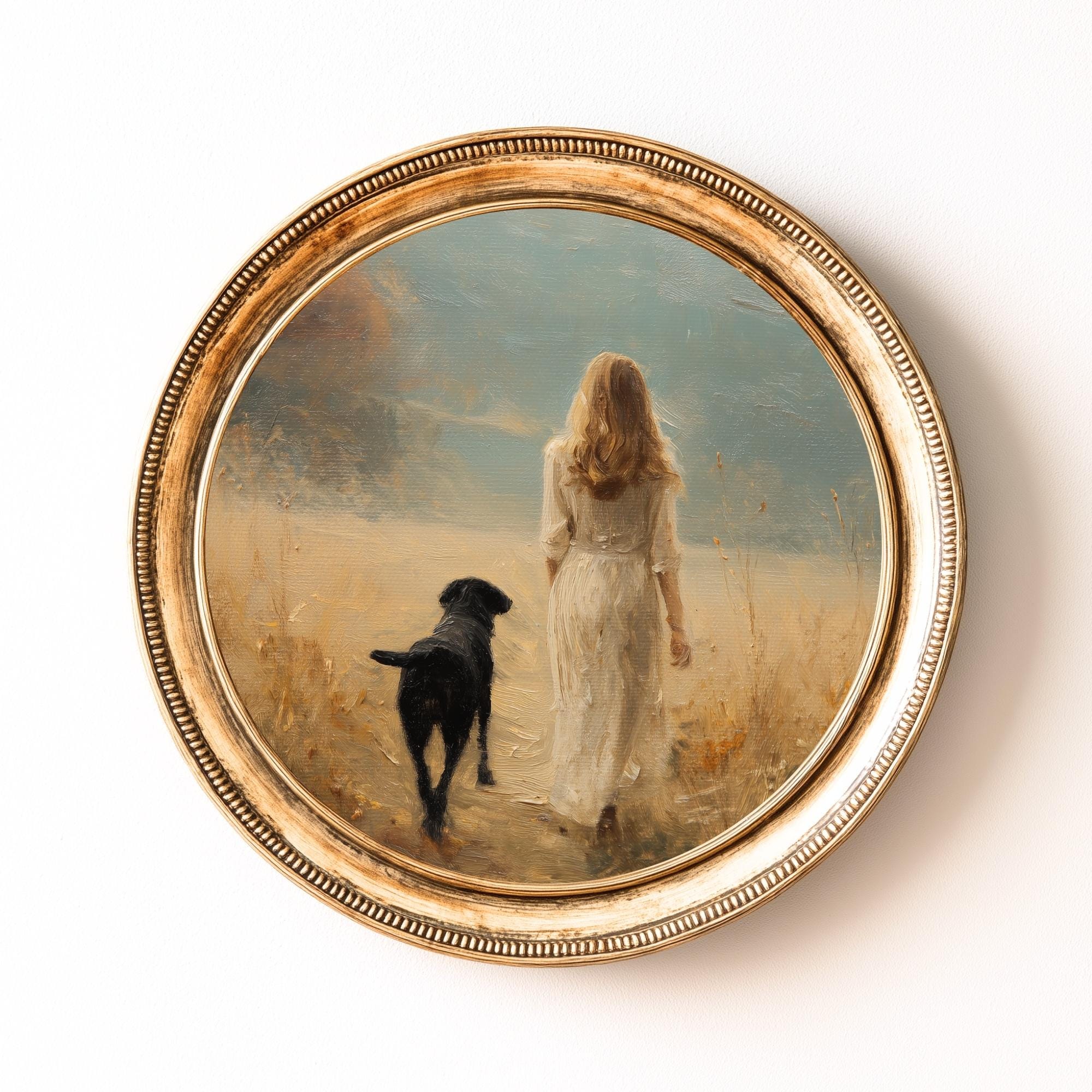 少女と犬の田舎散歩アートプリント｜ロマンティックな風景油絵｜ソフト