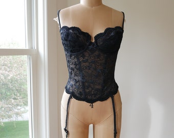 Victoria's Secret | Haut corset basque noir vintage de l'an 2000 en lingerie transparente noire 36C