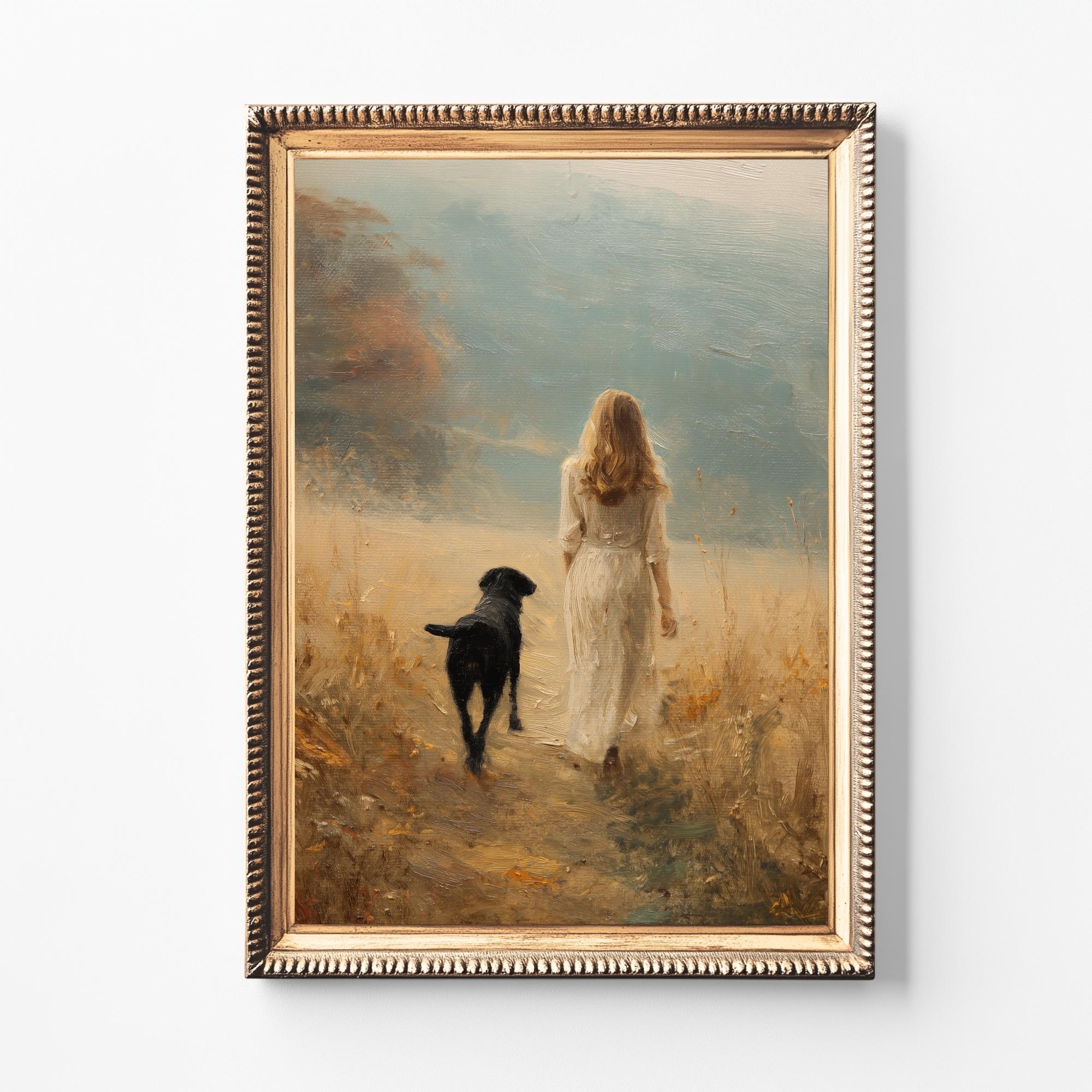 少女と犬の田舎散歩アートプリント｜ロマンティックな風景油絵｜ソフト