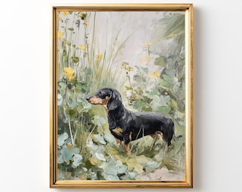 Dachshund in Wildflowers Painting | Cottagecore Dog Art (Digital Download)