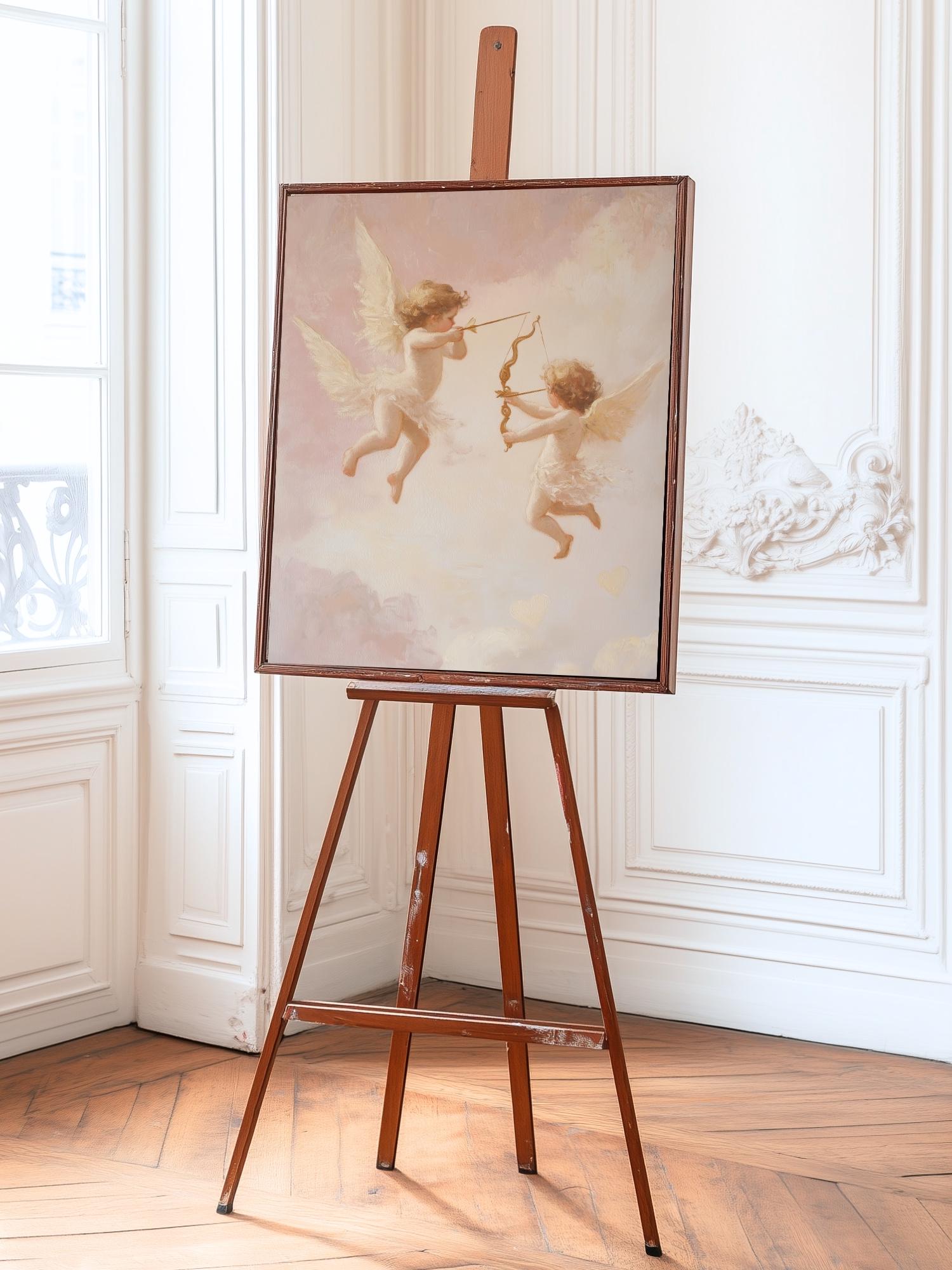 天使のキューピッドのプリント：キューピッドのロココ調絵画、ピンクの