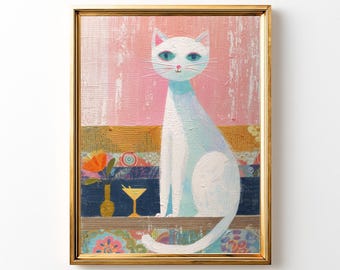 Whimsical Cat Martini Art Print: Retro Cocktail Bar Decor (Digital Download)