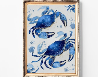 Blue Crab Coastal Art Print: Beach House Nautical Decor (Digital Download