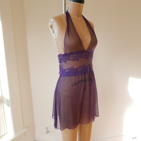 Sheer purple lingerie mesh & lace slip dress halt… - image 3