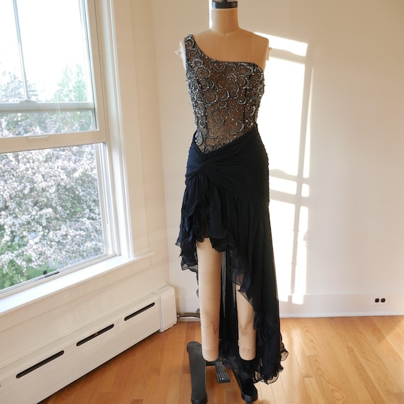 Black Silk Salsa Dress Y2k Vintage Beaded Sheer P… - image 9
