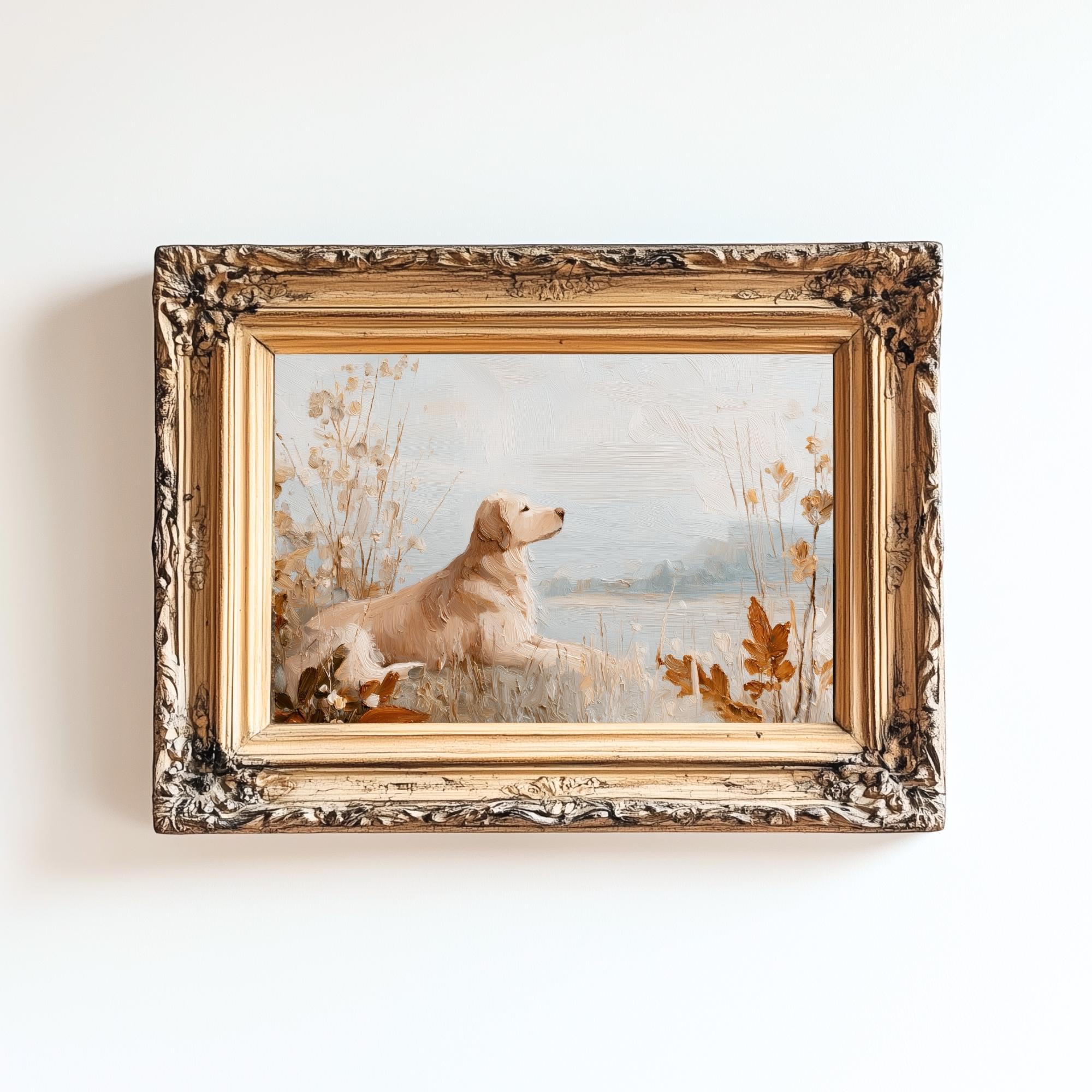 ヴィンテージゴールデンレトリバーの絵画：田舎の素朴な犬のアート